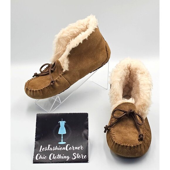 UGG Kid's Tan Suede Alena Shearling-Lined Moccasin Slippers Size 3 2513 - Picture 1 of 16
